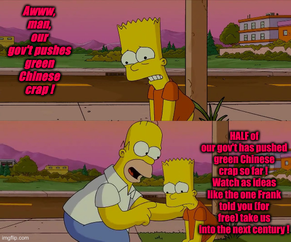 Homer and Bart worst day so far | Awww, man, our gov't pushes green Chinese crap ! HALF of our gov't has pushed green Chinese crap so far ! 
Watch as ideas like the one Frank | image tagged in homer and bart worst day so far | made w/ Imgflip meme maker