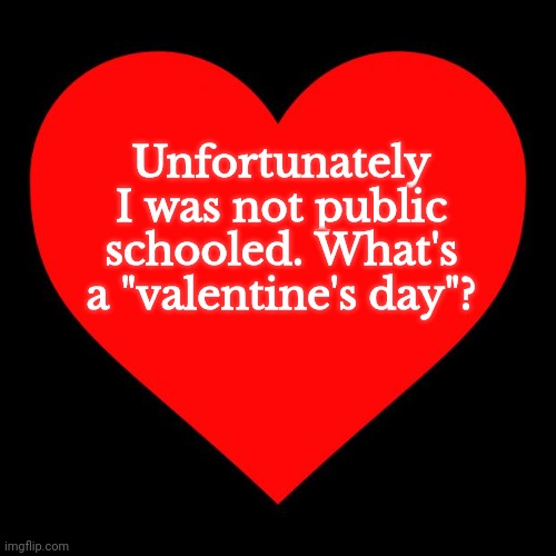 Lmaooo | Unfortunately I was not public schooled. What's a "valentine's day"? | image tagged in heart | made w/ Imgflip meme maker