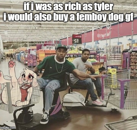 hheheeee | if i was as rich as tyler i would also buy a femboy dog gf | image tagged in hheheeee | made w/ Imgflip meme maker