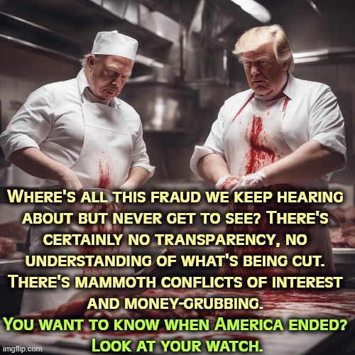 DOGE is waste, fraud and abuse all wrapped up into one. You don't have to look far. | Where's all this fraud we keep hearing 

about but never get to see? There's 

certainly no transparency, no 

understanding of what's being cut. 

There's mammoth conflicts of interest 

and money-grubbing. You want to know when America ended? 
Look at your watch. | image tagged in trump,elon musk,destroy,america,greedy,sociopath | made w/ Imgflip meme maker