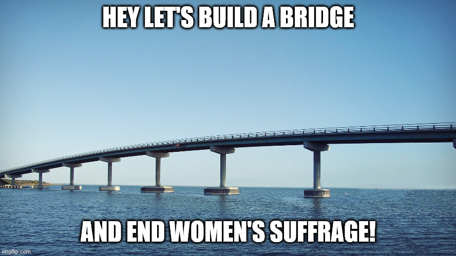 bridge | HEY LET'S BUILD A BRIDGE; AND END WOMEN'S SUFFRAGE! | image tagged in bridge | made w/ Imgflip meme maker