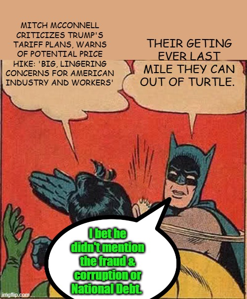 TRUMPs Fault. 2 weeks in office Trumps Fault. | MITCH MCCONNELL CRITICIZES TRUMP'S TARIFF PLANS, WARNS OF POTENTIAL PRICE HIKE: 'BIG, LINGERING CONCERNS FOR AMERICAN INDUSTRY AND WORKERS'; THEIR GETING EVER LAST MILE THEY CAN OUT OF TURTLE. I bet he didn't mention the fraud & corruption or National Debt. | image tagged in memes,batman slapping robin | made w/ Imgflip meme maker