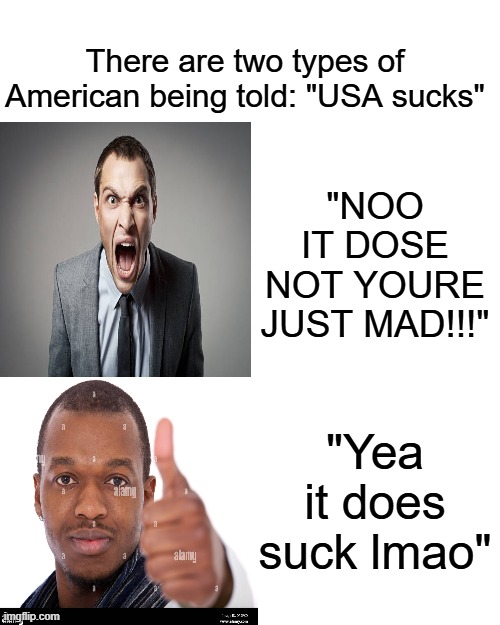 Drake Hotline Bling Meme | There are two types of American being told: "USA sucks"; "NOO IT DOSE NOT YOURE JUST MAD!!!"; "Yea it does suck lmao" | image tagged in memes,drake hotline bling | made w/ Imgflip meme maker