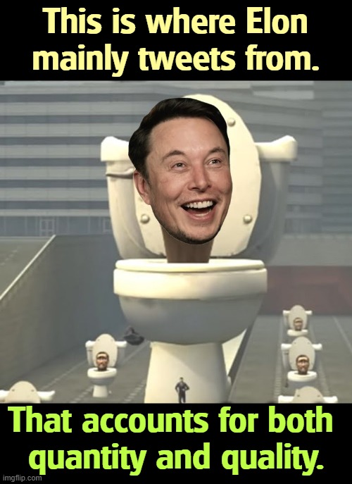 Tesla's stock price is the basis of the Musk fortune. While he's been wrecking your retirement plans, he's hurt his own as well. | This is where Elon mainly tweets from. That accounts for both 
quantity and quality. | image tagged in elon musk skibidi toilet tweet office,elon musk,skibidi toilet,twitter,x,tweets | made w/ Imgflip meme maker