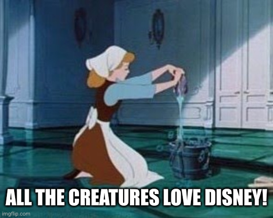 Cinderella Cleaning | ALL THE CREATURES LOVE DISNEY! | image tagged in cinderella cleaning | made w/ Imgflip meme maker