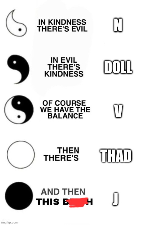 in good there is evil | N; DOLL; V; THAD; J | image tagged in in good there is evil | made w/ Imgflip meme maker