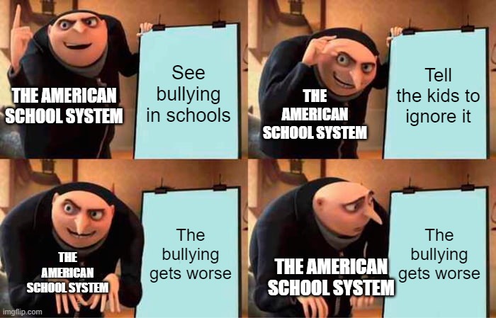 school be like | See bullying in schools; Tell the kids to ignore it; THE AMERICAN SCHOOL SYSTEM; THE AMERICAN SCHOOL SYSTEM; The bullying gets worse; The bullying gets worse; THE AMERICAN SCHOOL SYSTEM; THE AMERICAN SCHOOL SYSTEM | image tagged in memes,gru's plan,school | made w/ Imgflip meme maker