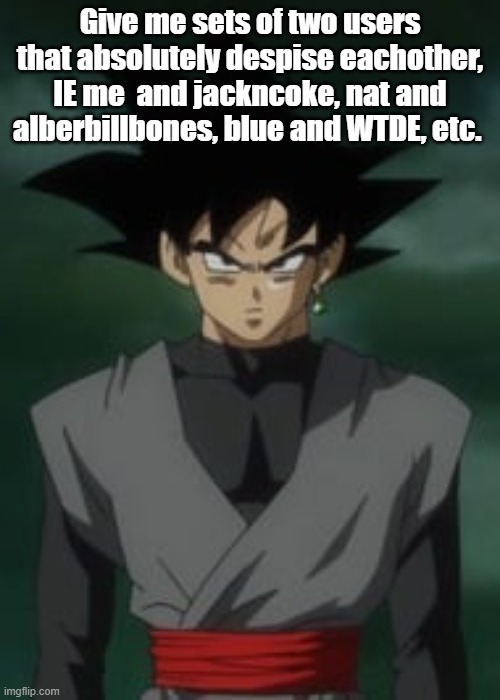 Goku black questions you | Give me sets of two users that absolutely despise eachother, IE me  and jackncoke, nat and alberbillbones, blue and WTDE, etc. | image tagged in goku black questions you | made w/ Imgflip meme maker