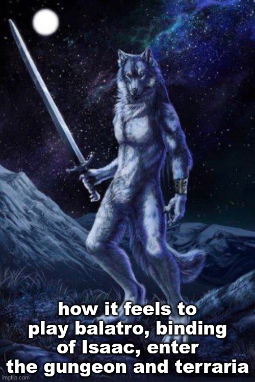Sigma lone wolf | how it feels to play balatro, binding of Isaac, enter the gungeon and terraria | image tagged in sigma lone wolf | made w/ Imgflip meme maker
