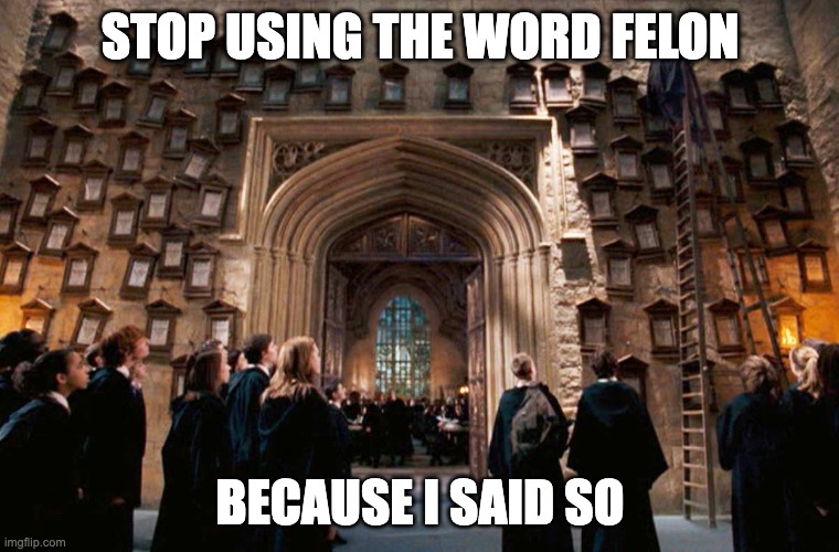 Stop Using the word Felon Because I Said So | STOP USING THE WORD FELON; BECAUSE I SAID SO | image tagged in harry potter decree wall | made w/ Imgflip meme maker