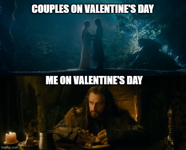 COUPLES ON VALENTINE'S DAY; ME ON VALENTINE'S DAY | image tagged in the lord of the rings,the hobbit,aragorn,thorin,valentine's day,single life | made w/ Imgflip meme maker