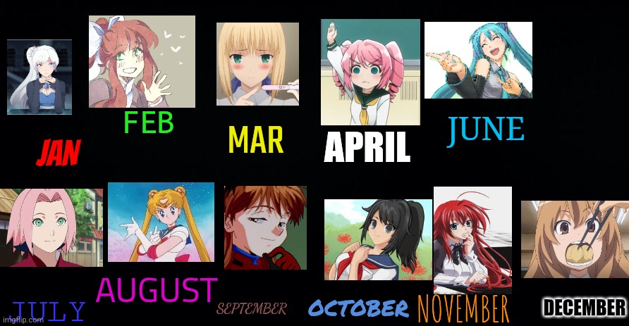 Your birth month is your waifu | MAR; FEB; JUNE; APRIL; JAN; AUGUST; JULY; SEPTEMBER; OCTOBER; NOVEMBER; DECEMBER | image tagged in black background | made w/ Imgflip meme maker