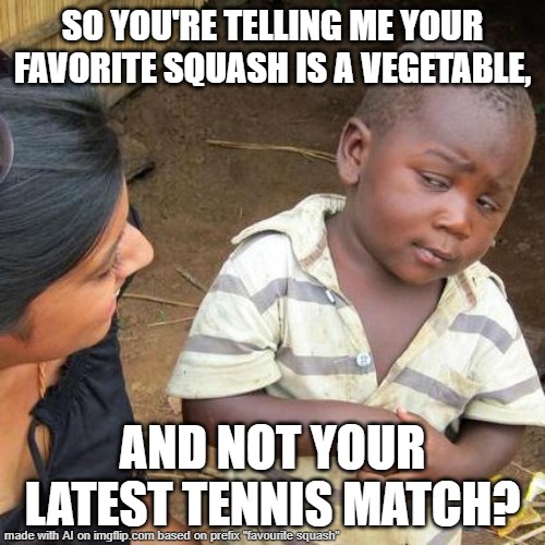 minimal cringe, almost frustratingly so | SO YOU'RE TELLING ME YOUR FAVORITE SQUASH IS A VEGETABLE, AND NOT YOUR LATEST TENNIS MATCH? | image tagged in third world skeptical kid,joke,no joke,friday,______,squash | made w/ Imgflip meme maker