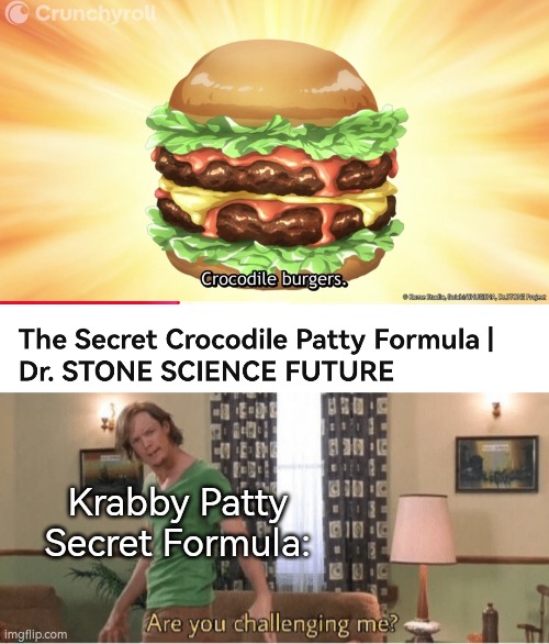 Which one do you guys prefer? Krabby Patty or Crocodile Patty? | Krabby Patty Secret Formula: | image tagged in are you challenging me,krabby patty,dr stone | made w/ Imgflip meme maker