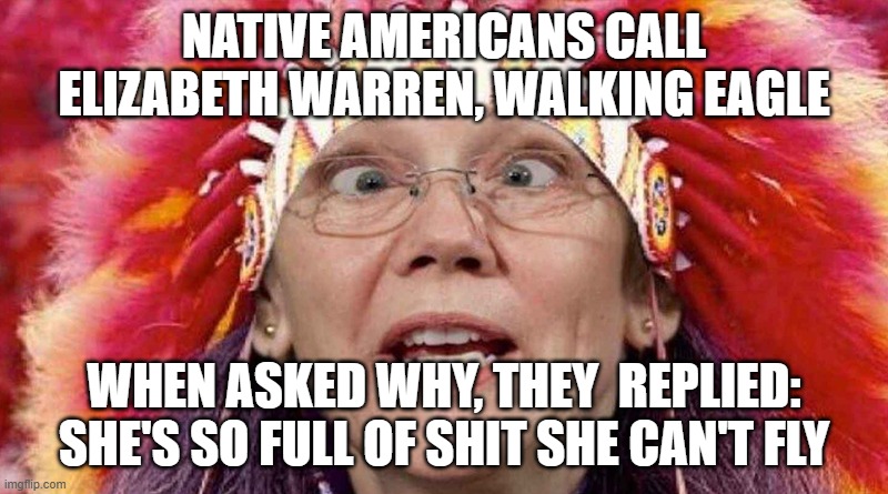 Walking Eagle | NATIVE AMERICANS CALL ELIZABETH WARREN, WALKING EAGLE; WHEN ASKED WHY, THEY  REPLIED: SHE'S SO FULL OF SHIT SHE CAN'T FLY | image tagged in walking eagle,elizabeth warren | made w/ Imgflip meme maker