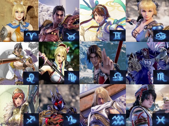 Soul Calibur character zodiac signs | image tagged in astrology,zodiac signs,soul calibur,video games,fighting games | made w/ Imgflip meme maker