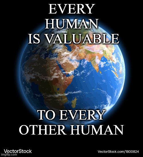 Every Human | EVERY HUMAN
 IS VALUABLE; TO EVERY OTHER HUMAN | image tagged in every human,value,valuable,the world,humanity,cooperation | made w/ Imgflip meme maker