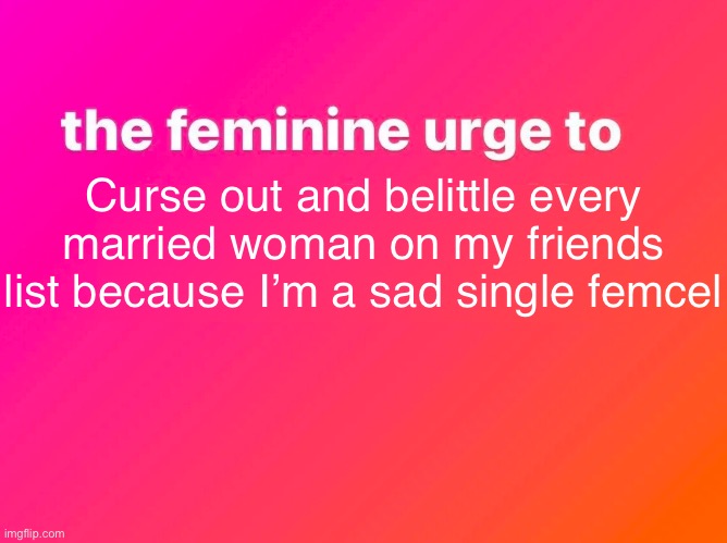 Happy valentines day | Curse out and belittle every married woman on my friends list because I’m a sad single femcel | image tagged in the feminine urge,women,femcel,single,sad,dating | made w/ Imgflip meme maker