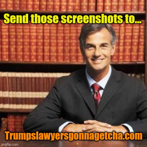 lawyer | Send those screenshots to... Trumpslawyersgonnagetcha.com | image tagged in lawyer | made w/ Imgflip meme maker