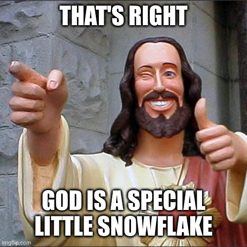 Buddy Christ Meme | THAT'S RIGHT GOD IS A SPECIAL LITTLE SNOWFLAKE | image tagged in memes,buddy christ | made w/ Imgflip meme maker