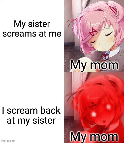 that little turd gets away with everything. | My sister screams at me; My mom; I scream back at my sister; My mom | image tagged in real shit ddlc version | made w/ Imgflip meme maker