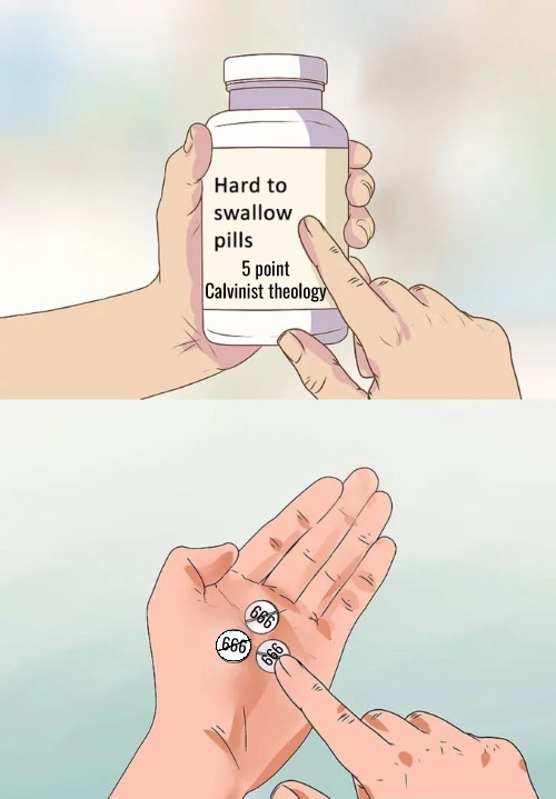 Hard To Swallow 666 Pills | 5 point Calvinist theology; 666; 666; 666 | image tagged in hard to swallow pills,calvinism,arminian,molinism,reformed theology 5 point calvinists,ai muppet marionette corpse bot doctrines | made w/ Imgflip meme maker