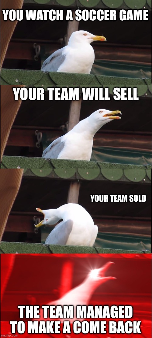 Inhaling Seagull | YOU WATCH A SOCCER GAME; YOUR TEAM WILL SELL; YOUR TEAM SOLD; THE TEAM MANAGED TO MAKE A COME BACK | image tagged in memes,inhaling seagull | made w/ Imgflip meme maker