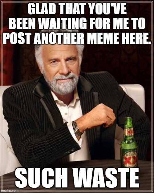 We are all patience... | GLAD THAT YOU'VE BEEN WAITING FOR ME TO POST ANOTHER MEME HERE. SUCH WASTE | image tagged in memes,the most interesting man in the world,waiting | made w/ Imgflip meme maker