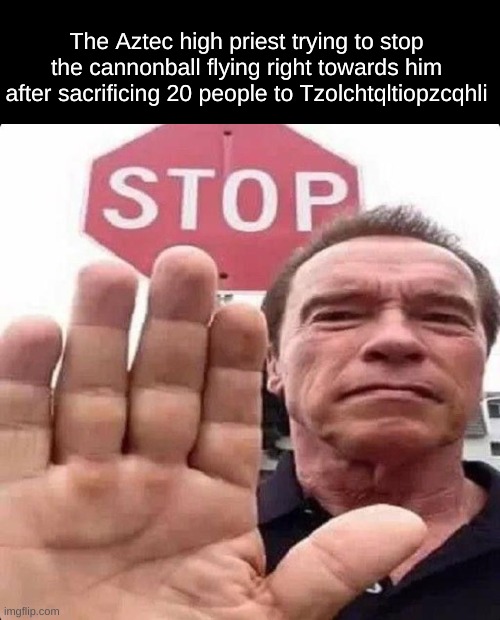 guy in front of stop sign | The Aztec high priest trying to stop the cannonball flying right towards him after sacrificing 20 people to Tzolchtqltiopzcqhli | image tagged in guy in front of stop sign | made w/ Imgflip meme maker