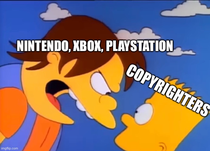 All Consoles vs. Copyrighters | NINTENDO, XBOX, PLAYSTATION; COPYRIGHTERS | image tagged in copyrighters vs consoles,homerthevideogame1991 | made w/ Imgflip meme maker