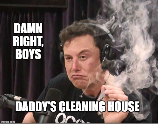 Elon Musk smoking a joint | DAMN
RIGHT,
BOYS DADDY'S CLEANING HOUSE | image tagged in elon musk smoking a joint | made w/ Imgflip meme maker