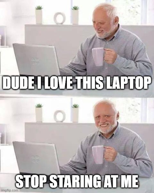 Hide the Pain Harold | DUDE I LOVE THIS LAPTOP; STOP STARING AT ME | image tagged in memes,hide the pain harold | made w/ Imgflip meme maker