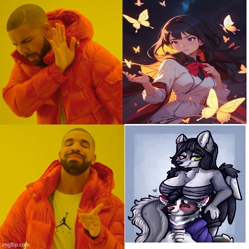 Ai art Is Nsaty Furryies art Is cooler UWU | image tagged in memes,drake hotline bling,furry,art,ai art is grabgae | made w/ Imgflip meme maker