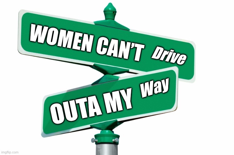 Deadly intersection | WOMEN CAN’T; Drive; Way; OUTA MY | image tagged in blank street signs | made w/ Imgflip meme maker