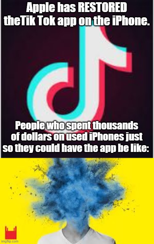 That much? | Apple has RESTORED theTik Tok app on the iPhone. People who spent thousands of dollars on used iPhones just so they could have the app be like: | image tagged in tik tok,head explodes | made w/ Imgflip meme maker