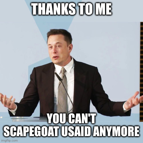 THANKS TO ME YOU CAN'T SCAPEGOAT USAID ANYMORE | image tagged in elon musk | made w/ Imgflip meme maker