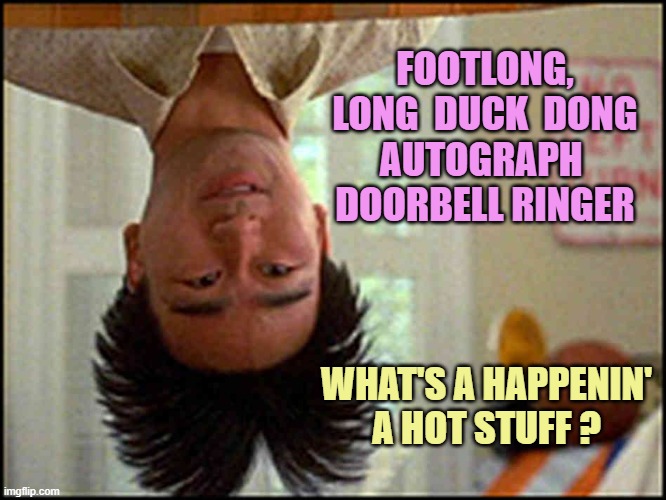 Long Duck Dong (upside down) | FOOTLONG,
LONG  DUCK  DONG
AUTOGRAPH 
DOORBELL RINGER WHAT'S A HAPPENIN'
A HOT STUFF ? | image tagged in long duck dong upside down | made w/ Imgflip meme maker