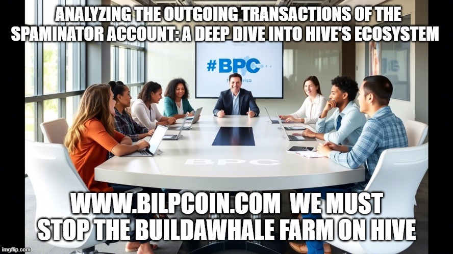 ANALYZING THE OUTGOING TRANSACTIONS OF THE SPAMINATOR ACCOUNT: A DEEP DIVE INTO HIVE'S ECOSYSTEM; WWW.BILPCOIN.COM  WE MUST STOP THE BUILDAWHALE FARM ON HIVE | made w/ Imgflip meme maker