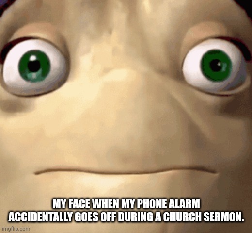 This actually happened to me. Lol. | MY FACE WHEN MY PHONE ALARM ACCIDENTALLY GOES OFF DURING A CHURCH SERMON. | image tagged in church,christian,funny,phone,alarm clock,alarm | made w/ Imgflip meme maker