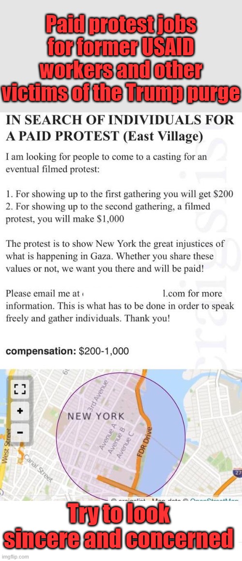 You don't have to be a star to be in my show... too lazy for a real job? Fake being a protester! | Paid protest jobs for former USAID workers and other victims of the Trump purge; Try to look sincere and concerned | image tagged in protest,scam | made w/ Imgflip meme maker