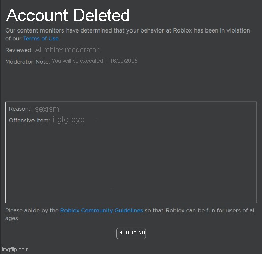 WHAT DID I DO? | Account Deleted; AI roblox moderator; You will be executed in 16/02/2025; sexism; i gtg bye; BUDDY NO | image tagged in roblox ban,unfair | made w/ Imgflip meme maker