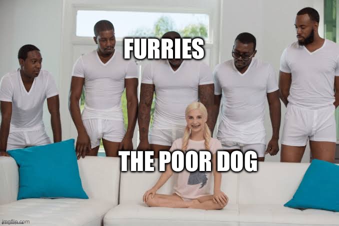 Oh no We know what's gonna happen | FURRIES; THE POOR DOG | image tagged in one girl five guys,furry,anti furry,memes,funny,zoophile | made w/ Imgflip meme maker