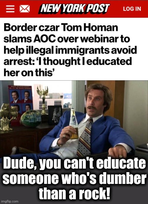 And he referred the matter to the DOJ for possible prosecution | Dude, you can't educate
someone who's dumber
than a rock! | image tagged in ron burgundy,aoc,dumber than a rock,democrats,illegal immigrants,tom homan | made w/ Imgflip meme maker