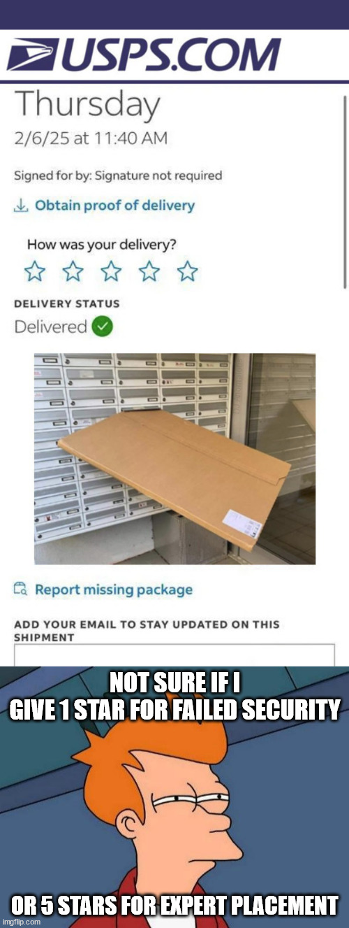 Delivery Dilemma: What would you do? | DJ Anomalous; NOT SURE IF I
GIVE 1 STAR FOR FAILED SECURITY; OR 5 STARS FOR EXPERT PLACEMENT | image tagged in package,delivery,not sure if,clever,lazy,dilemma | made w/ Imgflip meme maker