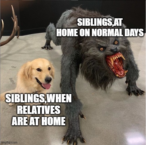 dog vs werewolf | SIBLINGS,AT HOME ON NORMAL DAYS; SIBLINGS,WHEN RELATIVES ARE AT HOME | image tagged in dog vs werewolf | made w/ Imgflip meme maker