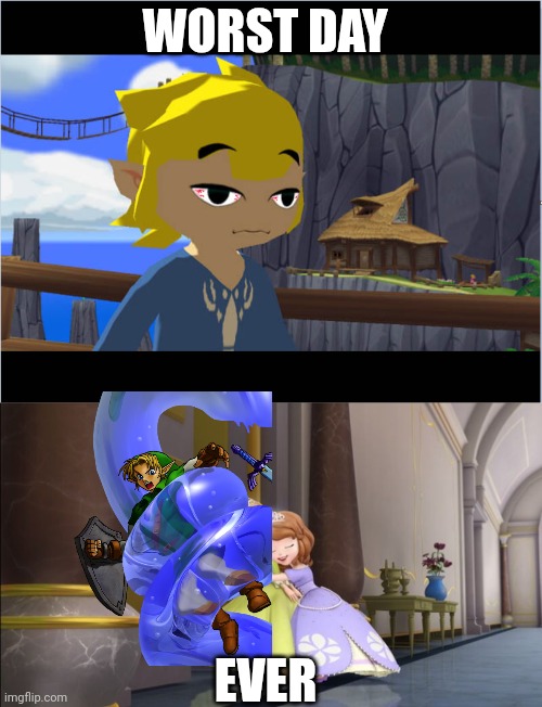 Link had the worst day of his life: Getting hugged by Princess Sofia the First | WORST DAY; EVER | image tagged in toon link stoned,the legend of zelda,memes,funny memes,sofia the first,toon link | made w/ Imgflip meme maker