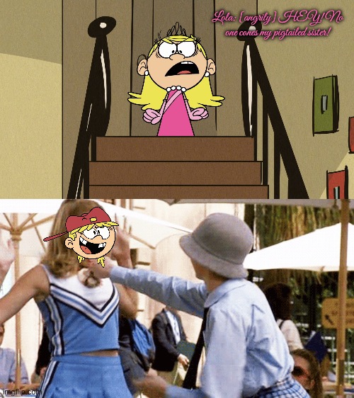 Lola is Angry at Mia Thermopolis | Lola: [angrily] HEY! No one cones my pigtailed sister! | image tagged in disney,disney princess,disney plus,the loud house,nickelodeon,paramount | made w/ Imgflip meme maker