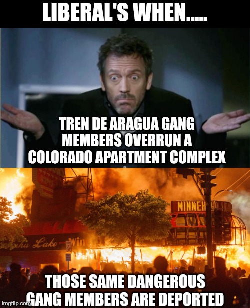 Inability to see past skin color is why liberals never side with victims over the criminals. | LIBERAL'S WHEN..... TREN DE ARAGUA GANG MEMBERS OVERRUN A COLORADO APARTMENT COMPLEX; THOSE SAME DANGEROUS GANG MEMBERS ARE DEPORTED | image tagged in shrug,democrat policies,liberal hypocrisy,stupid liberals,bias,idiots | made w/ Imgflip meme maker