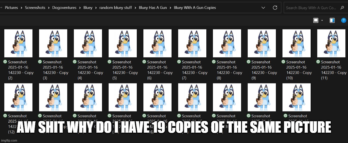 19 Blueys With Guns | AW SHIT WHY DO I HAVE 19 COPIES OF THE SAME PICTURE | image tagged in 19 blueys with guns | made w/ Imgflip meme maker