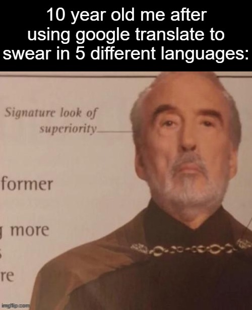 i did this once and that was the day i found out that my mum speaks a bit of german | 10 year old me after using google translate to swear in 5 different languages: | image tagged in signature look of superiority | made w/ Imgflip meme maker